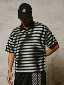 PAVTROS 男士休闲条纹短袖 Polo 衫，男士提花条纹 Polo 衫，情人节，春夏，送男友的礼物，狂欢节，复古，街头风，派对，圣帕特里克节，外出 - 黑與白 - 查看 5