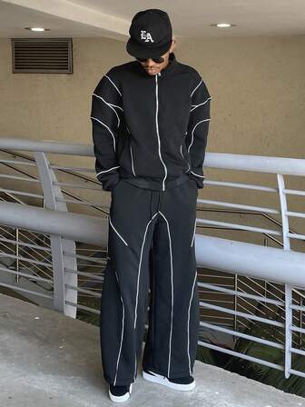 Ngobest Haus Ngobest Haus 2pcs Men's Front Zip Pocket Minimalist Jacket And Pants Set, Casual Tracksuit, Fall Clothes