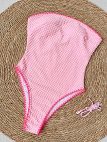 SHEIN Swim 女士优雅休闲可拆卸肩带抹胸连体泳衣，纹理面料时尚撞色设计，适合夏季海滩度假、海滩派对穿着，2026 女士春夏海滩度假连体泳衣 - 粉色 - 查看 5