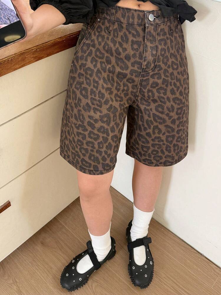 Tween Girls' Leopard Print Casual Denim Shorts