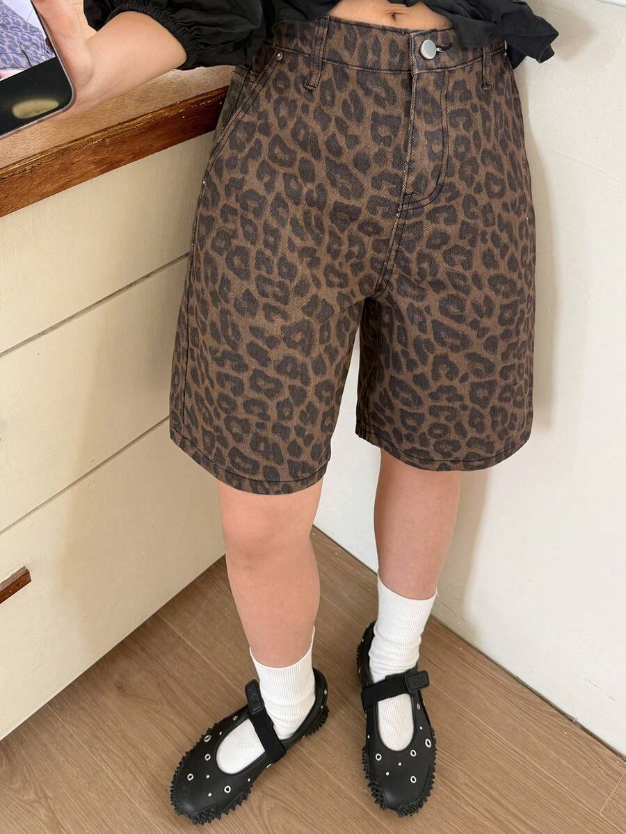 DAZY 少女豹纹休闲牛仔短裤 - 棕色 - 查看 1