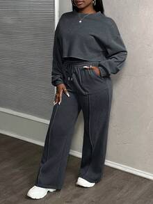 Slaydiva 女士休闲街头风格人造毛皮连帽宽松 2 件套运动服套装 - 黑色 - 查看 4