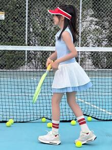 DAZY Bộ đồ thể thao mùa hè cho bé gái, gồm áo không tay có cổ và chân váy xếp ly. - Màu xanh lam - Xem 7