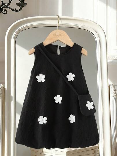 Souflis Souflis French Style New Summer Baby Girls Black Butterfly Decor Sleeveless Ruffle Hem Dress