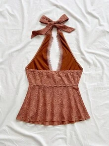 Soleia 女士纯色蕾丝拼接扭结露背休闲背心 - 咖啡棕 - 查看 2
