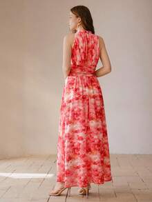 MOTF PREMIUM 女士优雅印花褶皱无袖连衣裙 - 紅色 - 查看 3