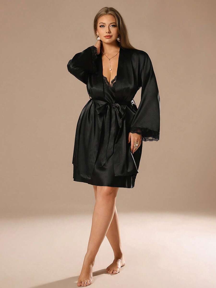 SHEIN Privé 两件套加大码刺绣V领吊带睡裙和长袖睡袍仿丝绸睡衣套装,秋冬服装 - 黑色 - 查看 1