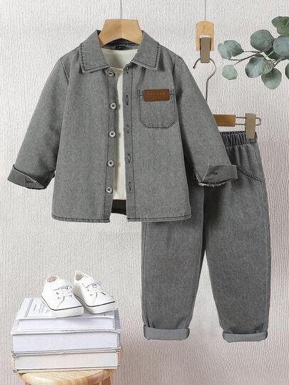 Genkimix Kids YoungBoys Casual Long Sleeve Denim Set, With Simple & Loose Lapel, Brown Embossed Letter Print & Practical Small Pocket Decor On The Front, Paired With Comfortable Casual Pants, Showcasing Its Simplicity And Elegance. Suitable For Daily Wear, School, Travel And Play In Spring And Autumn, Essential Basic Denim Outfit