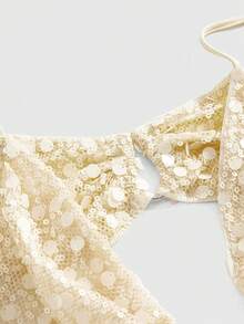ROMWE Avant Canotta da donna in stile Y2K vintage, con scollo a V profondo, schiena scoperta e drappeggio con paillettes - Albicocca - Visualizzare 3