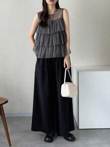 FRIFUL Áo không tay xếp lớp phối lưới cổ tròn dành cho nữ - Màu xám đen - Xem 2