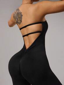 SHEIN Dewbera One-Shoulder Bandeau Style Jumpsuit Women, Fashion Backless Waist Tight-Fitting Yoga Fitness Romper - Black - View 4