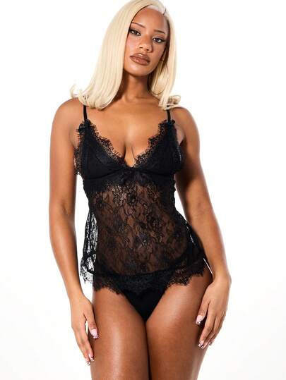 SUMWON WOMEN Débardeur délicat en dentelle de style nuisette pour bébé avec bordure de cils, col en V sans manches, style de lingerie intime pour se détendre, chambre à coucher, fête de mariage pour la Saint-Valentin