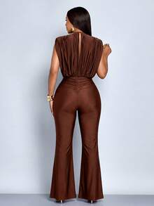 SOLERSUN 女士优雅时尚纯色褶皱深V领无袖连体裤，适合度假、办公通勤及日常穿着 - 咖啡棕 - 查看 2