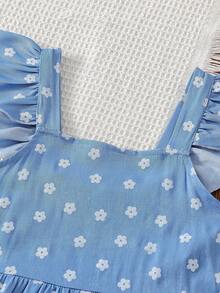 Vintaside Kids 女童夏季无袖吊带优雅清新花卉数码印花连衣裙，适合旅游、度假、海滩玩耍或参加家庭聚会、派对等活动。 - 藍色 - 查看 6