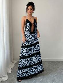 xheBreezaya Vestido de playa negro con estampado de leopardo y encaje en la espalda descubiertaxhe - Azul - Ver 3