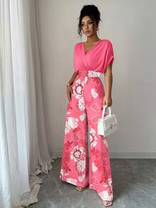 Elenzga Bộ jumpsuit dài in họa tiết, cổ chữ V, dáng rộng, xếp ly, eo, dành cho nữ. - Hồng - Xem 5