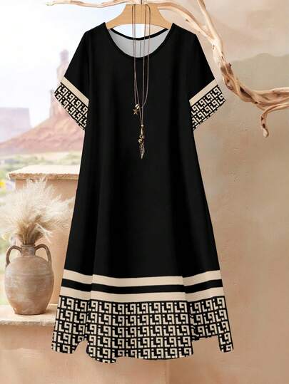 Rusticease Plus Size Summer Casual Geometric Print Patchwork Dress