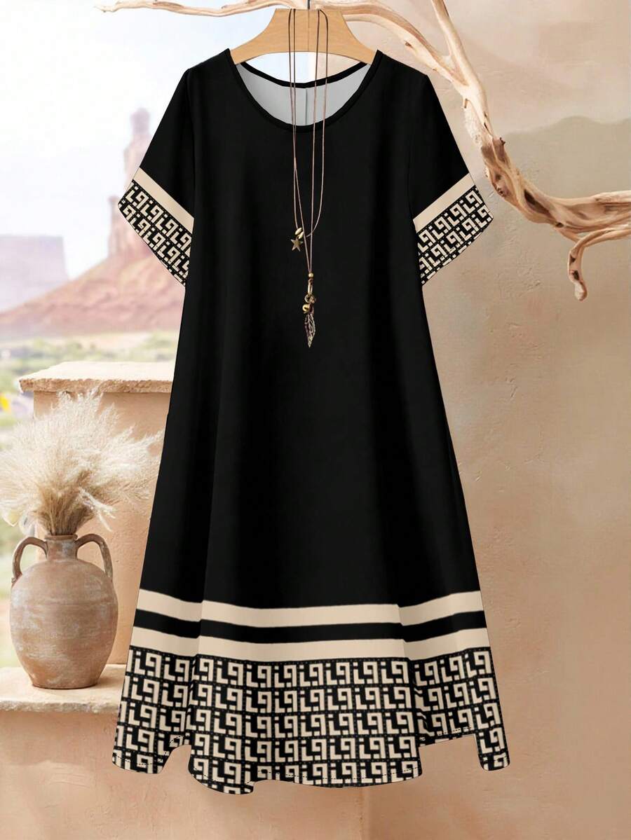 Rusticease Robe d'été décontractée grande taille à imprimé géométrique patchwork - Multicolore - Voir 1