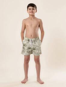 SUMWON 男童热带棕榈树菠萝印花泳裤，带抽绳腰带和侧袋，夏季海滩度假泳装 - 卡其色 - 查看 3