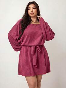 Enliva Plus Ribbed Knit Belted Dress,Autumn Clothes ,Winter Clothes ,Casual Dresses For Women ,Friendly To Round Body Curves - Red - View 7