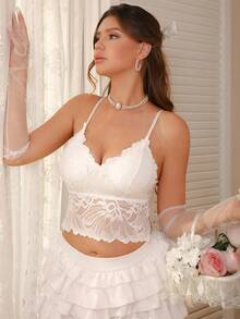 Romantic Elegant White Lace Spaghetti Strap Sexy Bra - White - View 4