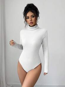Elenzga Women's Turtleneck Patchwork Long Sleeve Bodysuit, Fitted, Contrast Color, Autumn/Winter - White - View 4