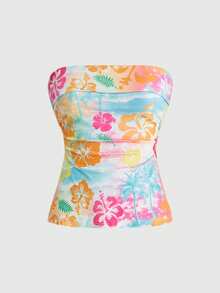 ROMWE Avant Top corto tipo tubo con estampado floral y diseño de abertura en el bajo, estilo de vacaciones en la isla - Multicolor - Ver 5