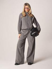 MISSGUIDED Damen gerippte Cord Weite Bein Jogginghose mit Kordelzug Taille, Lässig Komfort Loungehose Herbst Winter Mode - marineblau - Übersicht 2