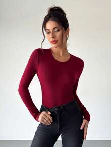 Firerie Women's Lace Patchwork Deep V-Back Scalloped Hem Long Sleeve Bodysuit - Burgundy - View 6