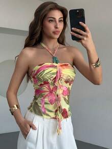 Aloruh 女士夏季度假休闲印花露背吊带上衣，适合音乐会、锐舞派对、音乐节、乡村音乐会、西部牛仔风格，波西米亚风街头服饰，热带风情，可爱夏日时尚上衣 - 玫紅色 - 查看 3