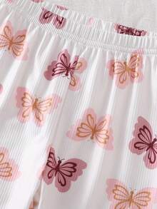 女婴睡衣套装 - 两件套蝴蝶印花睡衣套装，短袖圆领上衣搭配长裤，松紧腰带，轻薄柔软弹力，夏季睡衣家居服，节日礼物，2026必备，可爱粉桃色 - 米色 - 查看 4