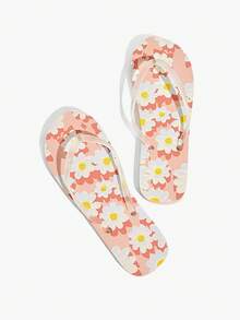 Grefit Women's Floral Pattern Casual Daily Holiday Beach Flat Flip Flops - Pink - View 1