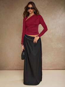 COSMINA Women's Solid Color Oblique Shoulder Long Sleeve Fitted Ruched Cropped T-Shirt - Burgundy - View 3