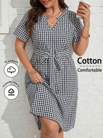 SHEIN Clasi 大码夏季休闲格子翻领短袖连衣裙