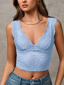 SHEIN BAE Áo tank top ngắn không tay cổ chữ V màu trơn dành cho nữ, chất liệu ren. - Màu xanh nhạt - Xem 2