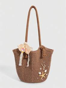 Fairycore 1 Pcf Tropical Ocean Beach Holiday Style Hollow Out Khaki Color Lady's Shoulder Bag, Tropical Flower Decoration Large Capacity Beach Bag - Multicolor 8 - View 9