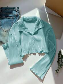 Comfortcana Damen Mintblau Kurze Rüschen Saum Langarm Bluse, Frühling/Sommer - Lichtblau - Übersicht 5