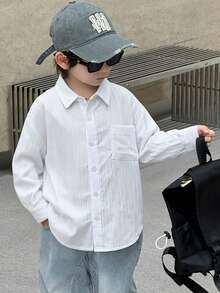 Dazy Kids 男童休闲度假通勤简约纯色宽松落肩长袖衬衫，适合春秋季穿着 - 白色 - 查看 3