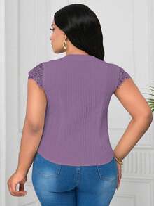 SHEIN Clasi Plus Size Contrast Lace V-Neck Textured Fabric Blouse - Purple - View 2