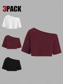 Sweetra 3件套不对称肩短袖宽松T恤，白色、灰色、黑色 - 彩色 - 查看 2