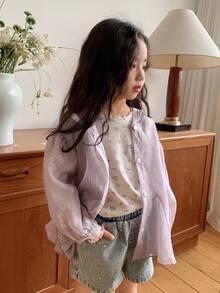 DAZY Young Girl Casual Jacquard Lace Trim Hooded Jacket, Spring/Summer - Purple - View 2