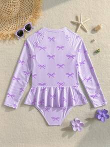 SHEIN Sparklyn Tween Girls One-Piece Swimsuit, Purple, Easy To Wear, Children's One-Piece Raglan Long Sleeve Zipper Skirt Swimsuit, Fashion Casual Elegant Suitable For Swimming, Vacation, Summer (Random Print) Long Sleeve Swimsuit Girls Girls Lavender Swimsuits Girls Bathing Suits With Rash Guard Kids Purple Swim Cover Up Little Girl Purple Bathing Suit Little Girl Purple Bathing Suits - Purple - View 2