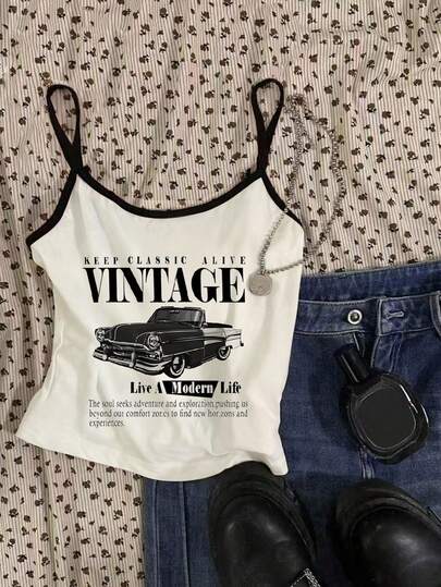 SHEIN Girls Vehicle Printed Casual Camisole Tops, Versatile For Daily Wear, Suitable For All Seasons