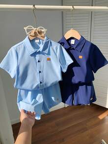 SHEIN 4pcs Kids Boys Casual Loose Turndown Collar Open Cardigan Shirt And Shorts Set, Tracksuit, Basic Top, Basic Bottom, Y2K Shorts, Suitable For Spring/Summer, Outings, Valentine's Day, Young Boy Clothes, Dates, Travel, Vacation, Family Gatherings, Back To School, Weddings, Formal Events, Sports, Birthday Parties - Multicolor - View 1