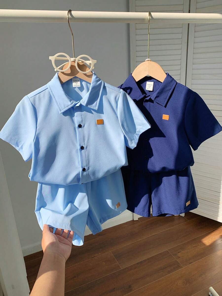 SHEIN 4pcs Kids Boys Casual Loose Turndown Collar Open Cardigan Shirt And Shorts Set, Tracksuit, Basic Top, Basic Bottom, Y2K Shorts, Suitable For Spring/Summer, Outings, Valentine's Day, Young Boy Clothes, Dates, Travel, Vacation, Family Gatherings, Back To School, Weddings, Formal Events, Sports, Birthday Parties - Multicolor - View 1