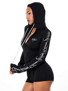 SUMWON WOMEN Long Sleeve Hooded Script Print Zip Up Unitard With Shorts Bottom For Casual Wear Fall Winter - Black - View 1