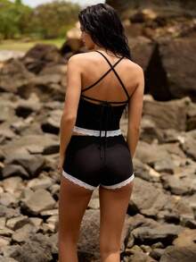 Maija Women's Summer Beach Lace Patchwork Halter Sexy Bikini Swimsuit Set - Black - View 2