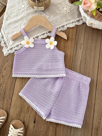 SHEIN 2pcs/Baby Girl, Summer Sleeveless Tank Top, Short Style, Solid Color, Embroidered 3D Flowers, Paired With Elastic Waist Shorts, Casual Set, Suitable For Everyday Wear, Vacation, New Style