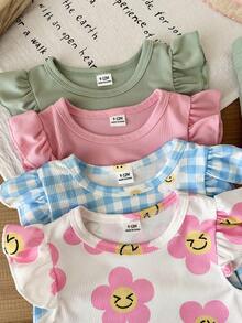 SHEIN 8件套/女婴（0-3岁）春夏新款休闲日常外出可爱趣味格子向日葵短袖背心T恤上衣和短裤8件套 - 彩色 - 查看 9
