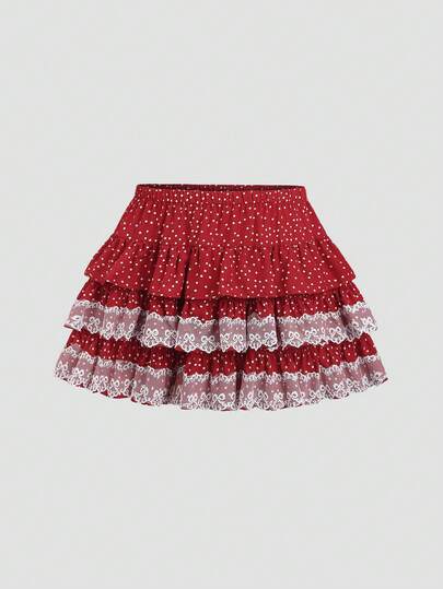 Sweetra Women's Red Polka Dot Low Waist Contrast Lace A-Line Flare Skirt, Sweet & Cute European & American Sexy Beach Vacation Style Mini Skirt